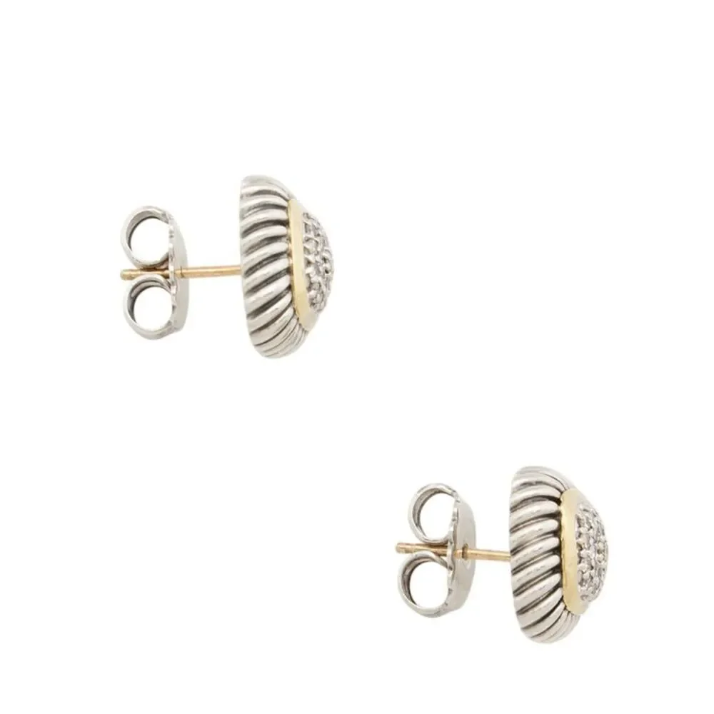 David Yurman Sterling Silver 18k Gold Diamond Pave 7mm Albion Earrings - Picture 2 of 3